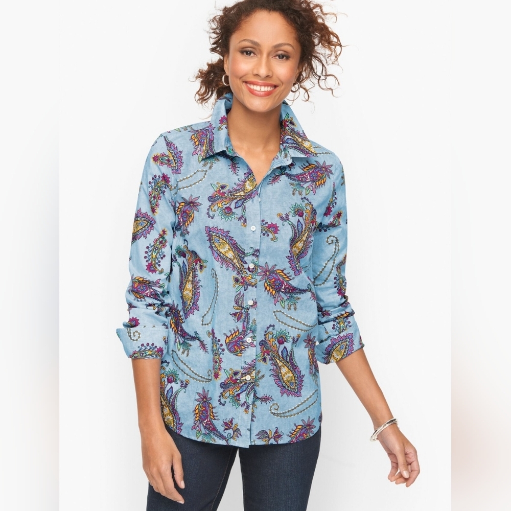 Talbots Cotton Button Front Shirt - Swirly Paisley - Preppy - Eclectic - Size M